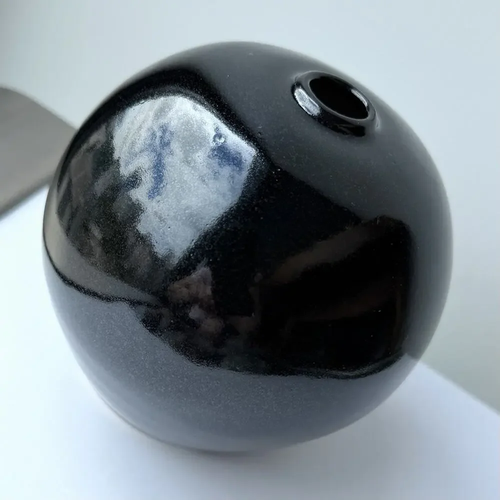 KERAMOS Studio Pottery Signed Alice Round Bulb Bud Vase Black Glaze 4.5